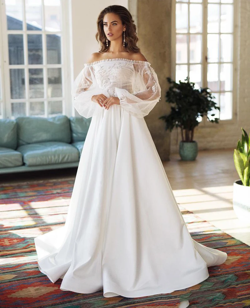 

LORIE Boho Ivory Wedding Dress A-Line Bride Dress Appliques Off The Shoulder Puff Sleeves Wedding Gown Free Shipping 2019