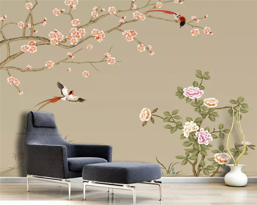 

beibehang Customized wall papers home decor modern minimalist hand-painted flowers birds Chinese TV background wallpaper behang