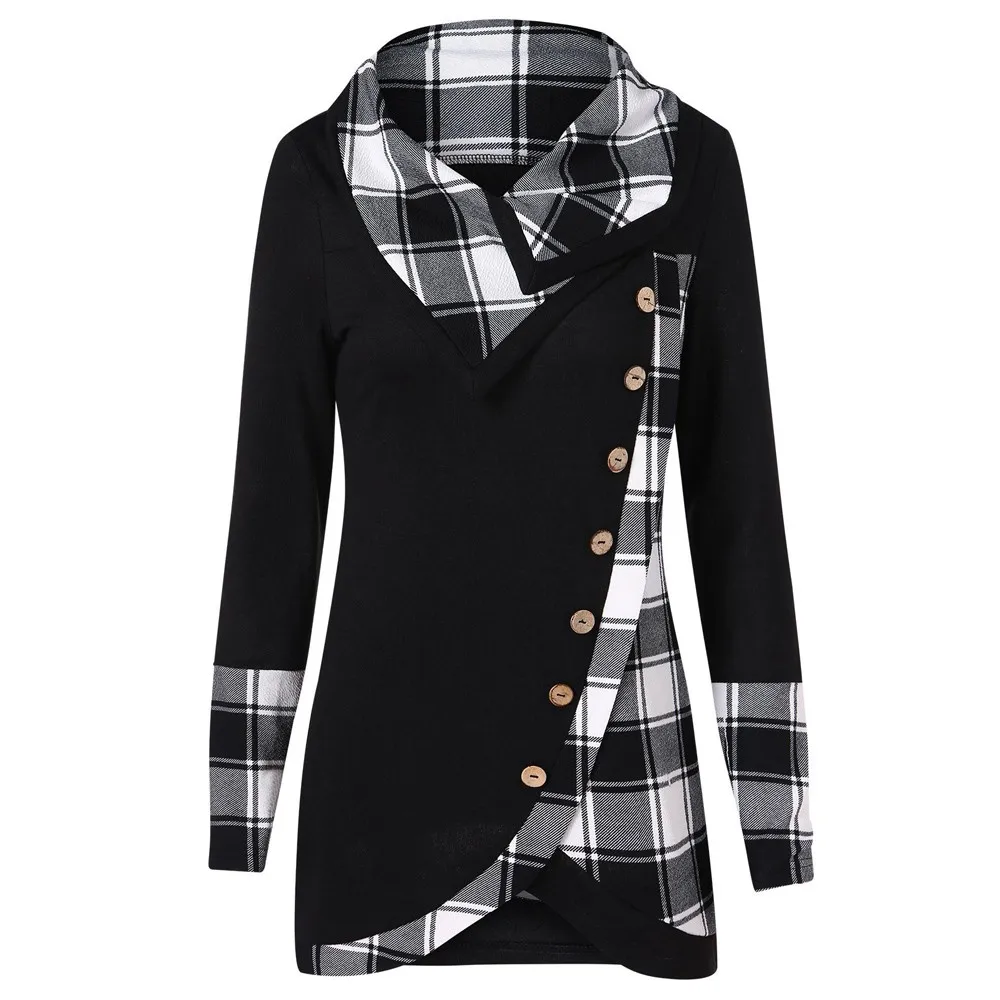 JAYCOSIN, Новая женская рубашка, Женская клетчатая куртка с длинными рукавами, толстовка, одежда на пуговицах, клетчатый женский пуловер с высоким воротником - Цвет: Черный