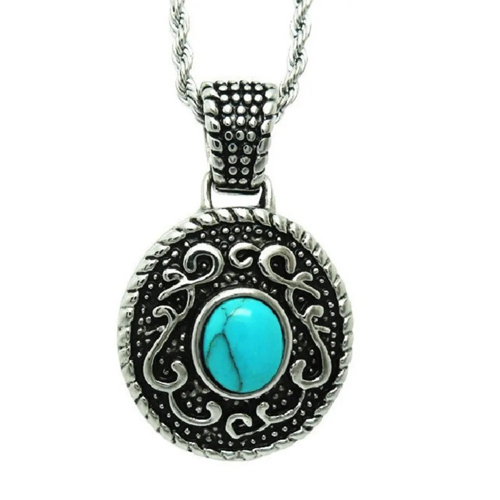 

925 Silver Plated Titanium Steel Rope Chain with Vintage Old Turquoise Pendant Black Enamel Stainless Steel Nature Stone