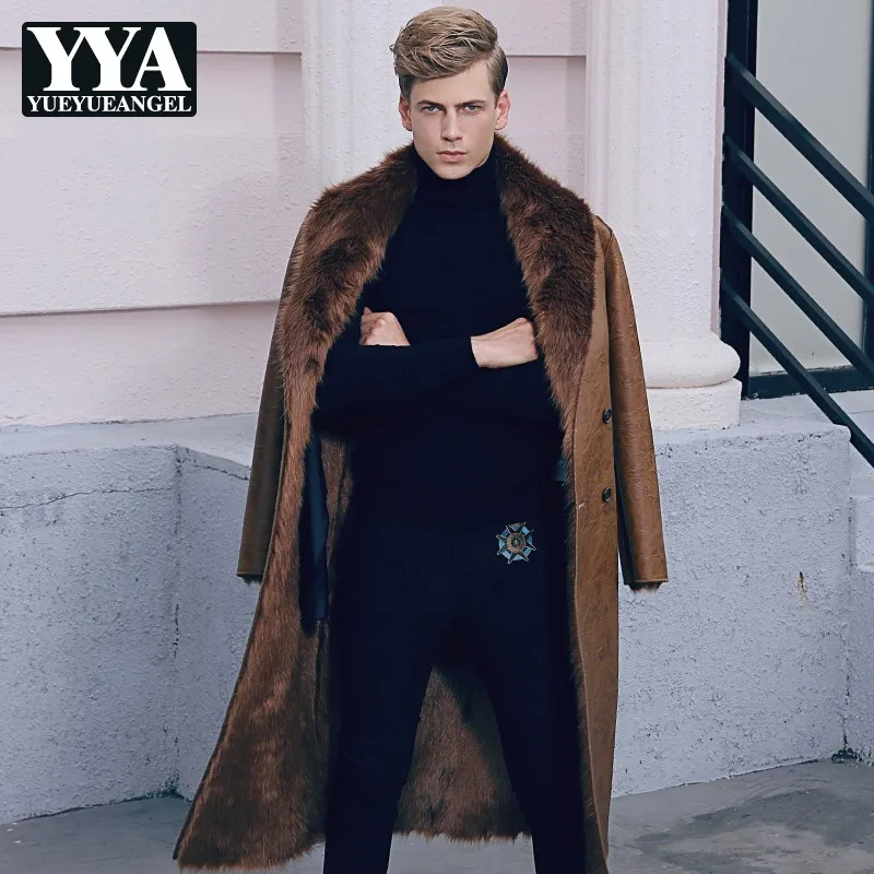 

Italian Winter Business Men Knee Long Pu Leather Jacket Male Double Breasted Office Work Lapel Collar Warm Faux Fur Lining Coats