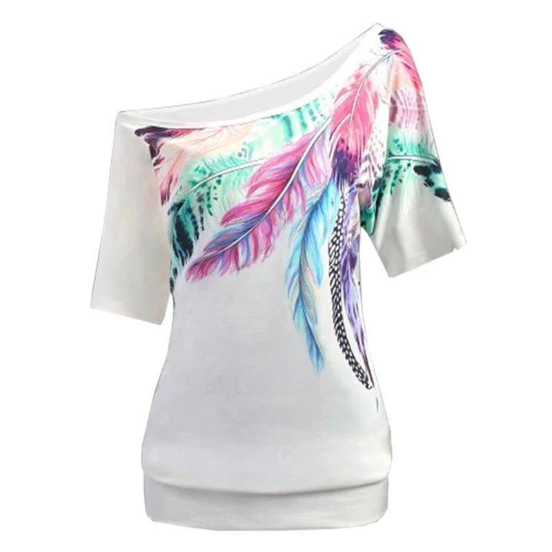 Женские футболки на одно плечо с принтом перьев, большие размеры, лето, Харадзюку, футболка с открытыми плечами, женская одежда WS8477y