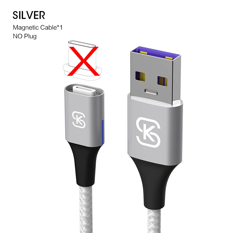 Автомобильные магнитные usb-кабели для зарядки 5A Type C, супер быстрый QC 4,0 для Huawei p20 lite plus Huawei Mate 20 Pro Honor 10 phone SIKAI - Цвет: only cable silver