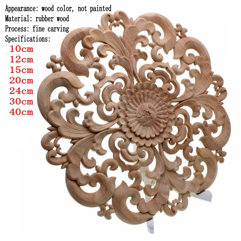 RUNBAZEF Woodcarving Furniture Decoration Solid Wood Door Round Applique Flower Him Miniature Crafts Figurine