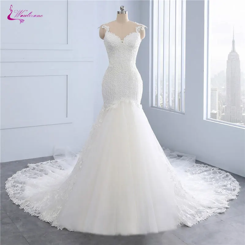 

Waulizane New Arrival Mermaid Wedding Dresses Beading Pearls Crystals Appliques Embroidery Court Train Illusion Back Bride Dress