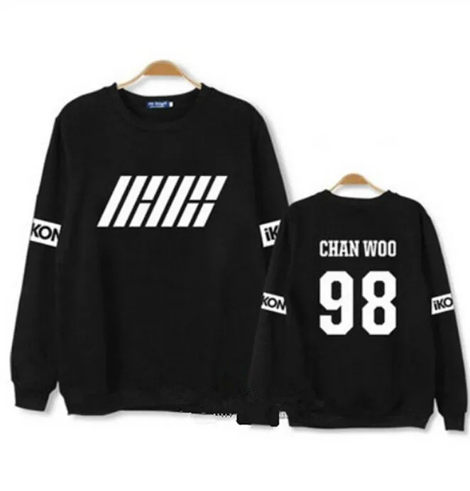 Осень новое поступление kpop idol group ikon первый альбом толстовки черно-белый свитер с круглым вырезом и принтом имени члена