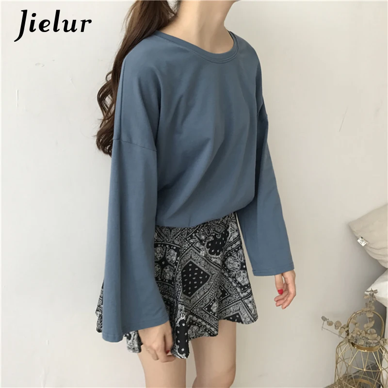 Jielur 7 Solid Color High Quality Harajuku T Shirt Women Flare Sleeve Basic Korean Top Femme Long Sleeve White Tshirt Feminina Tops