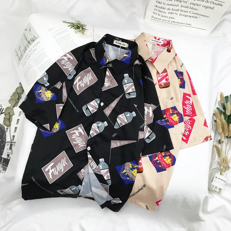 

Hot Sale Mens Shirts Cartoon Printing Man Shirts Summer Casual Black Yellow M-2XL Men Shirt Short Sleeve
