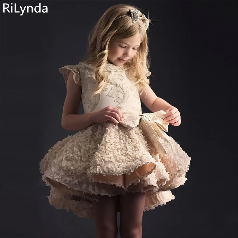 

Girls Dress New Autumn Casual Style Cartoon Champagne Long Sleeve Wool Bow Design For Princess Dress Girls Clothes