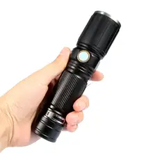 

Telescopic focusing flashlight red side lights three USB charging LED torch high power paper clip with charger battery and box