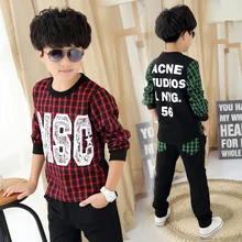 Baby Boy Tracksuit Set Streetwear Patchwork Sweater 2Pcs Set Kids Clothing Boys 2-13years Boys Plaid Blouse And Pants