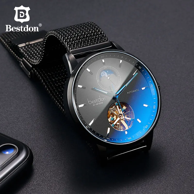Bestdon Blu-Ray изогнутые механические мужские часы, полностью Стальные Роскошные Брендовые Часы, автоматические турбийон, спортивные мужские часы