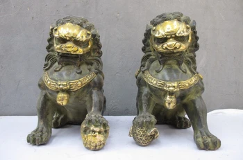 

China Folk Classical bronze Gilt Palace talisman Foo Dog Door Guardian Lion Pair