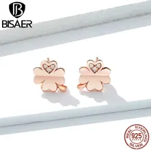 Серьги в виде клевера BISAER 925 пробы Серебряный кубический цирконий цветки клевера маленькие серьги-гвоздики для Для женщин Серебряные ювелирные изделия EFE233