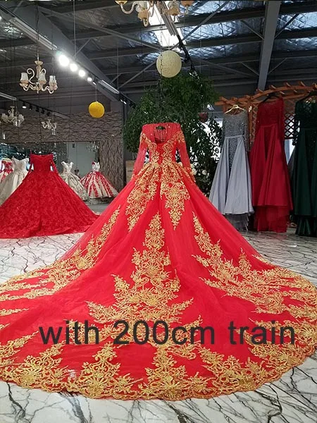 LS32890 золотое кружево красное вечернее платье O-образным вырезом длинным рукавом зашнуруйте назад блестящее платье для свадебной вечеринки с длинным поездом из Китая - Цвет: with 200cm train
