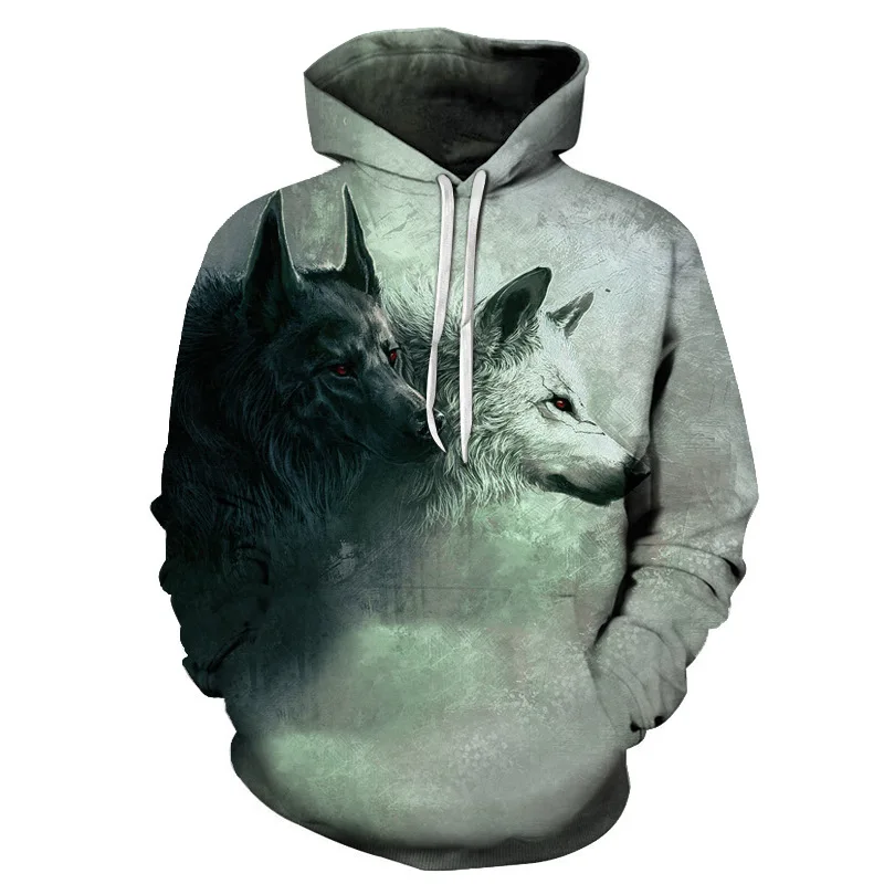 

Double Wolf print hoodie Men 3d hoodie brand sweatshirt cool boy premium pullover fashionable harajuku pullover long sleeve hood