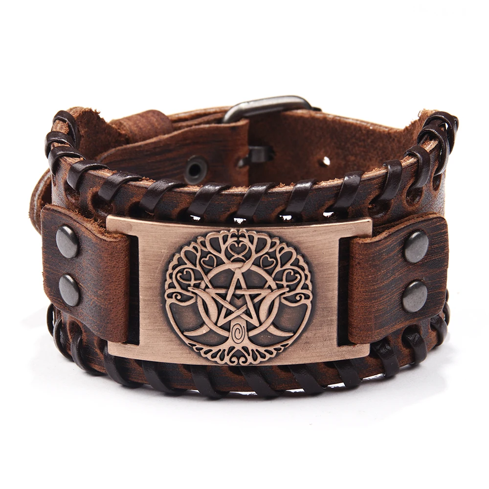 Copper Star Moon Life Tree Charm Braided Wide Genuine Leather Men Bracelet with Adjustable Metal Buckle