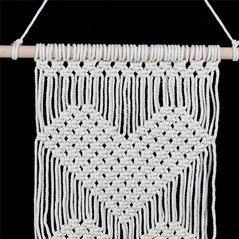 Wedding Decor Hand Knotted Cotton+Wood Wall Tapestry Heart Shape Hanging Tapestry With Tassells 1pcs Handmade Home Art Tapestry