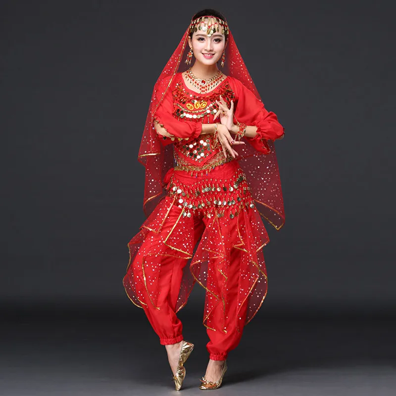 Женская Одежда для танцев сари танец живота костюм Болливуд индийские брюки костюм(включая Топ, пояс, брюки и вуаль - Цвет: red long sleeves