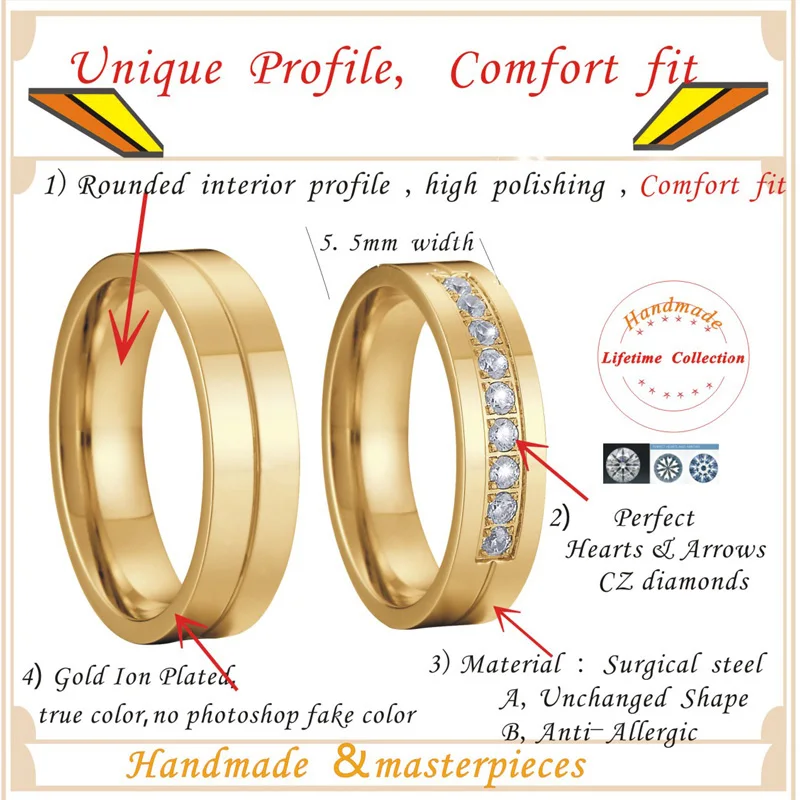 Polishing Gold Color cz Promise Wedding Band Rings pair set for couples Lovers Men's women's rings Alliance anel (2)