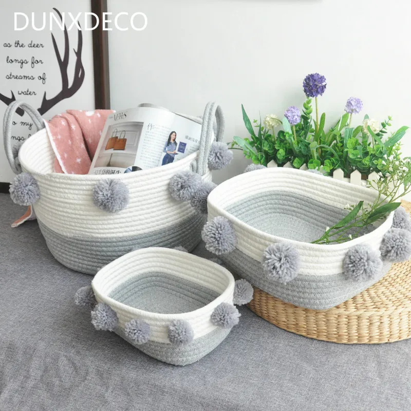 

DUNXDECO Home Office Storage Cotton Thread Basket Modern Nordic Grey Stripe Cute Balls Book Cloth Toys Holder Kid Room Container