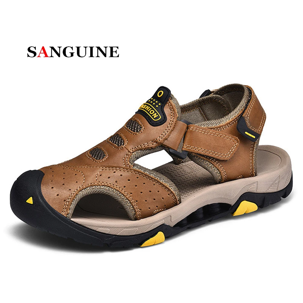 

2019 Fashion Man First Layer Leather Toe Cap Casual Sandals In Outdoor and Solid Buckle Strap Shoes