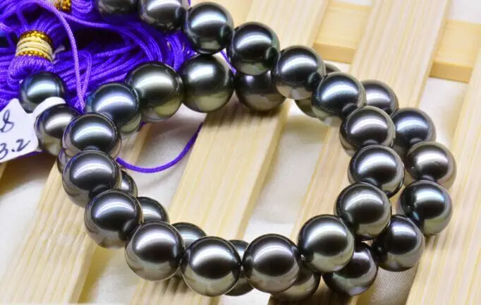 

stunning 11-12mm Tahitian round peacock green pearl necklace 14KGP