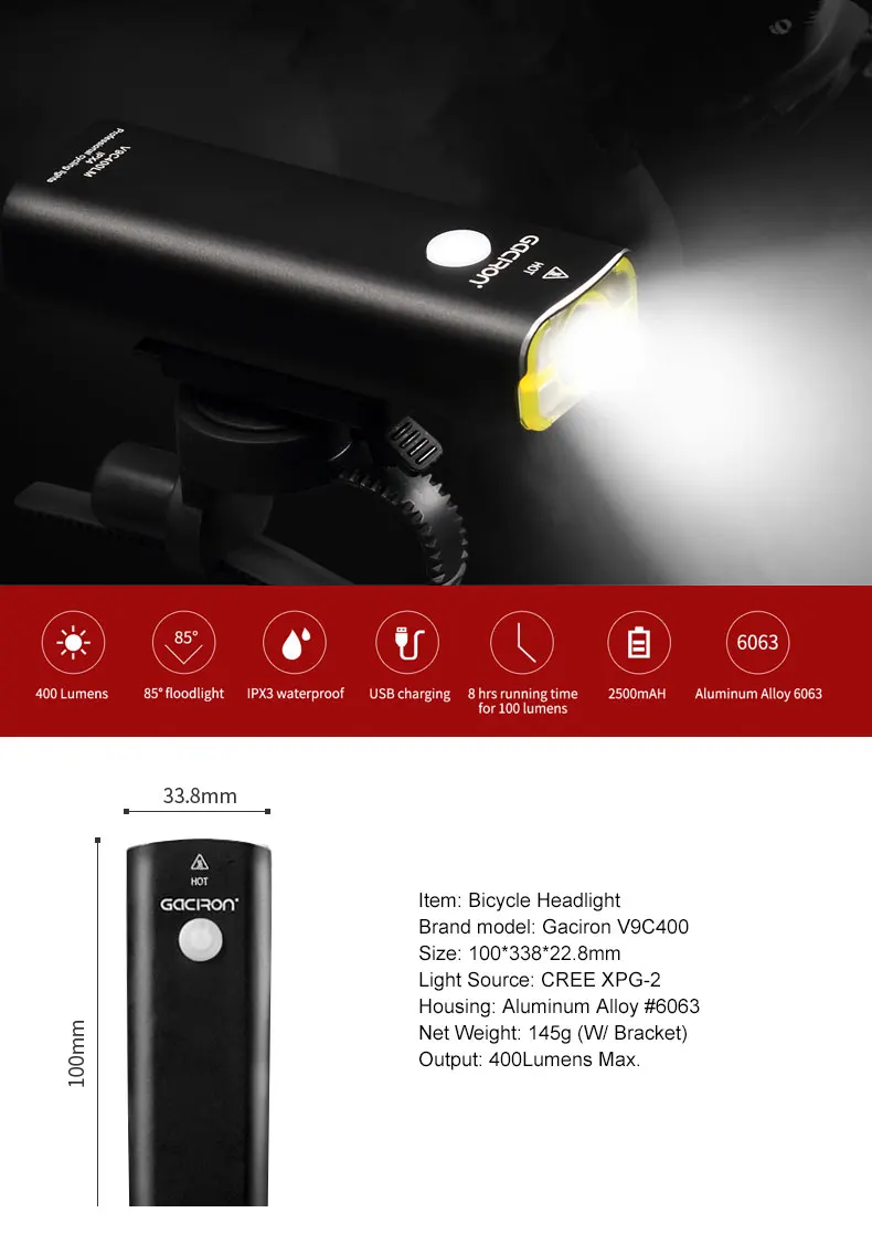 Flash Deal GACIRO V9C-400 Bicycle Headlight 400Lumens Bike Front Lighting Handlebar Quick Mount XPG LED Lamp 2500mAH Battery USB Charge 0