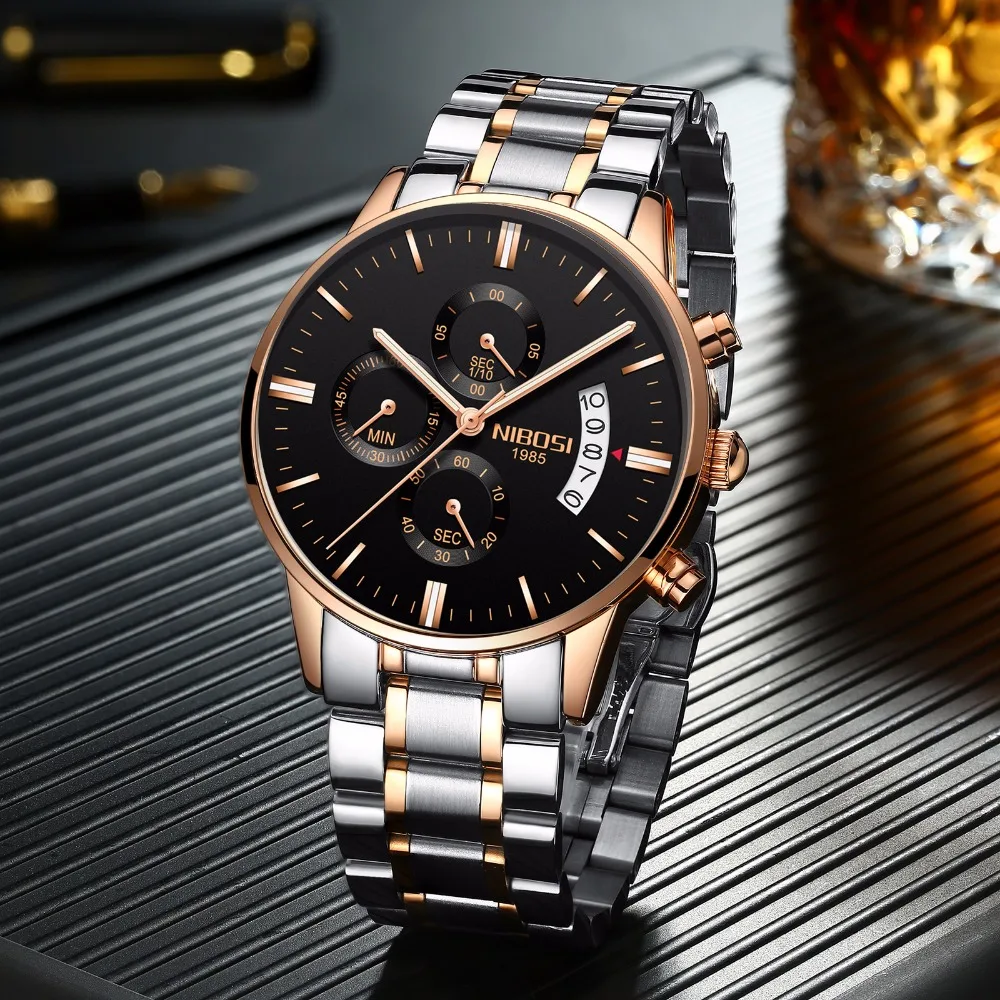 Acheter Or Rose Couleur Hommes Montre de Luxe Marque Montre homme Mode Robe Militaire Montre Bracelet À Quartz Chaude Horloge Mâle sport NIBOSI