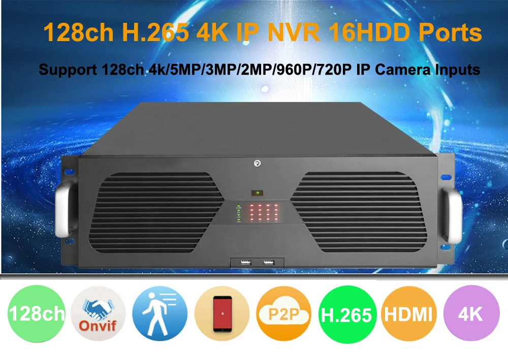 H.265/H.264 128ch CCTV NVR аудио Поддержка 4 К/5mp/3mp/2mp/960 P IP камера запись 3u 16hdd Порты 16ch сигнализации Вход ONVIF P2P приложение просмотра