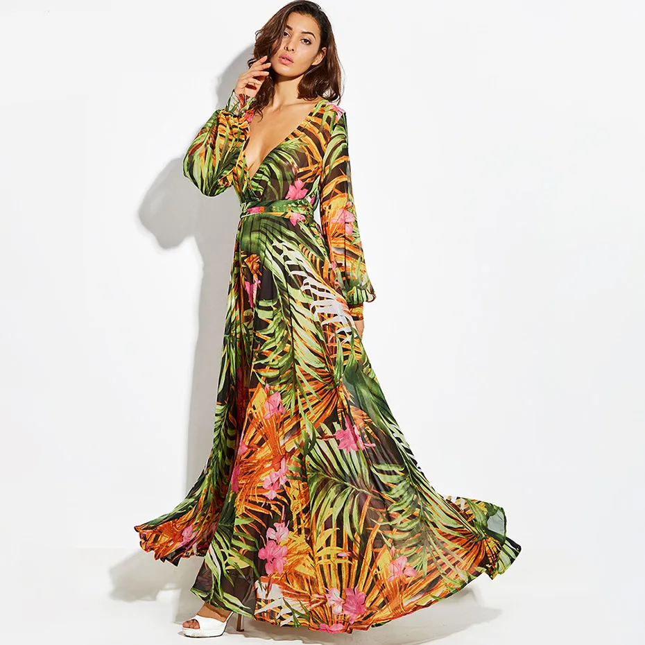Летнее платье с длинным рукавом зеленое платье кокосовой пальмы пляж Винтаж плате макси в стиле "Бохо" Повседневное V нашейных ремней на шнуровке; большие размеры платье
