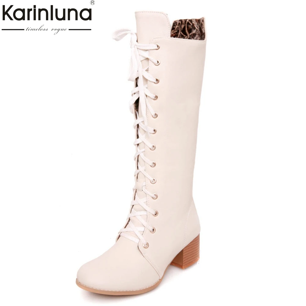 

KarinLuna 2018 Large Size 31-43 Women Shoes Woman Boots Fashion Autumn Winter Shoelaces knee-high Martin Boots Woman Shoes