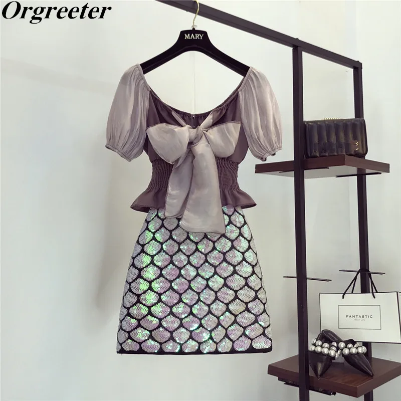 

Korean Fashion Ruched Off shoulder Puff sleeve Wild Bow Tie Blouse tops and Fish scale Sequins Bodycon Mini Skirt Two-piece suit