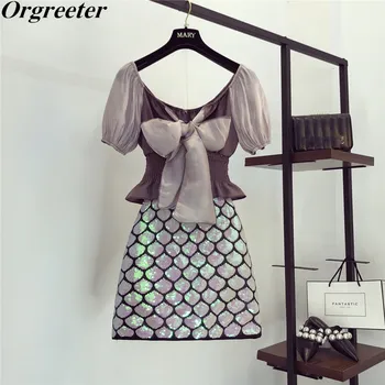 

Korean Fashion Ruched Off shoulder Puff sleeve Wild Bow Tie Blouse tops and Fish scale Sequins Bodycon Mini Skirt Two-piece suit
