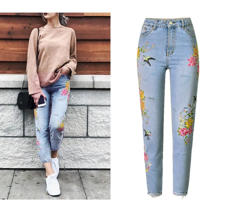 2017 Europe and the United States women's 3D three-dimensional heavy craft bird flowers front and rear side embroidery high waist straight irregular wear jeans (2)
