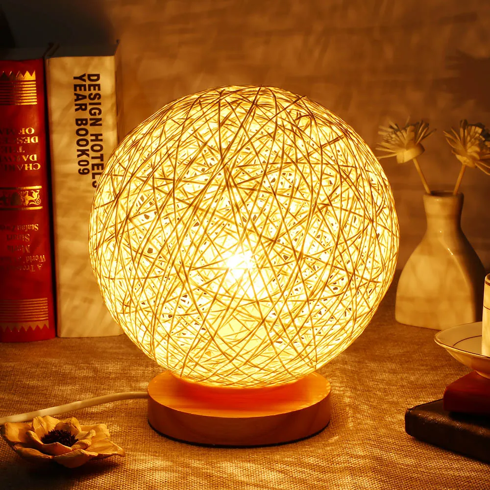 

Modern CF036 E27 Rattan Ball Night Light With Wooden Base Household Safe Stable Table Lamp For Wedding Holiday Christmas Decor