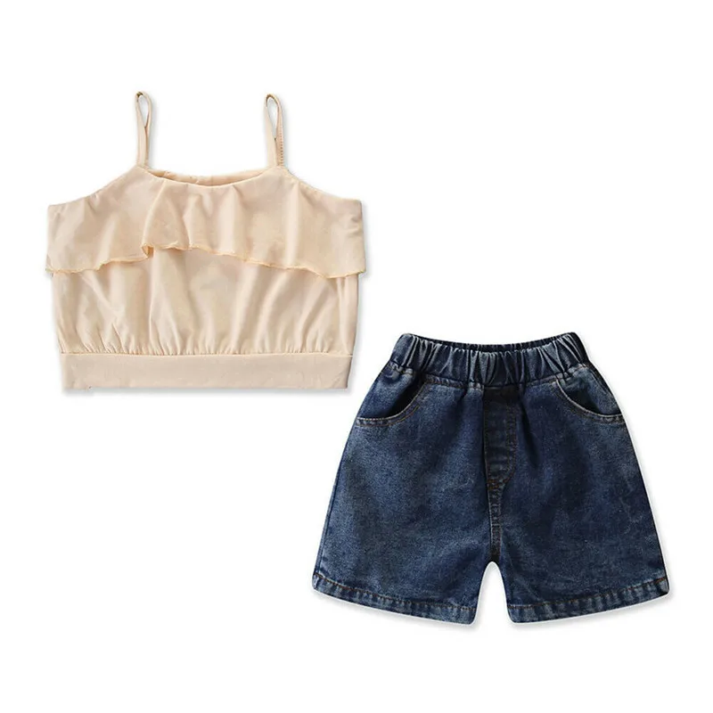 2-6T Kids Baby Girls Clothes Set Summer 2pcs Baby Girls Vest Tops+Shorts Jeans Pants Clothing Sets