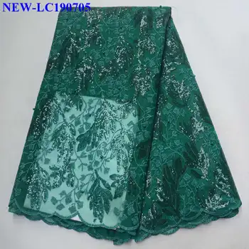 

2019 African Tulle Mesh Sequin Lace Fabric High Quality Green French Nigerian beads Net Lace Fabric for Wedding Dress XD005