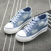 2016 spring autumn Europe US new fashion Jeans canvas shoes student casual patchwork female thick bottom comfort flat shoes blue