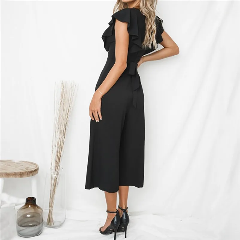 Fashion summer jumpsuit woman 2018 Sexy Deep-V Rompers Solid Short Sleeve Ruffles Long Jumpsuit pantaloni siamesi Y12#N (5)
