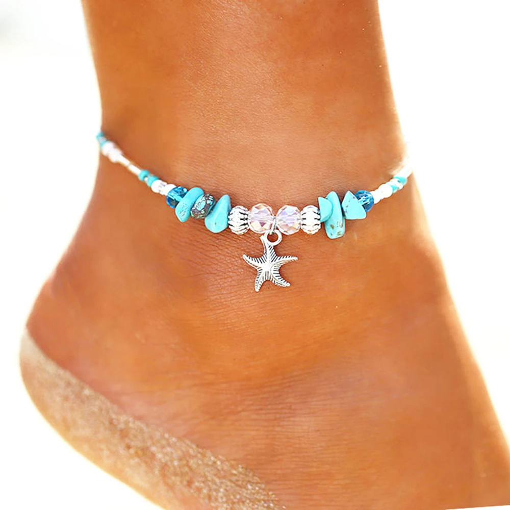 Летние пляжные браслеты на ногу богемные оболочки Синий Кристалл ножные браслеты/браслеты женские модные браслеты для ног