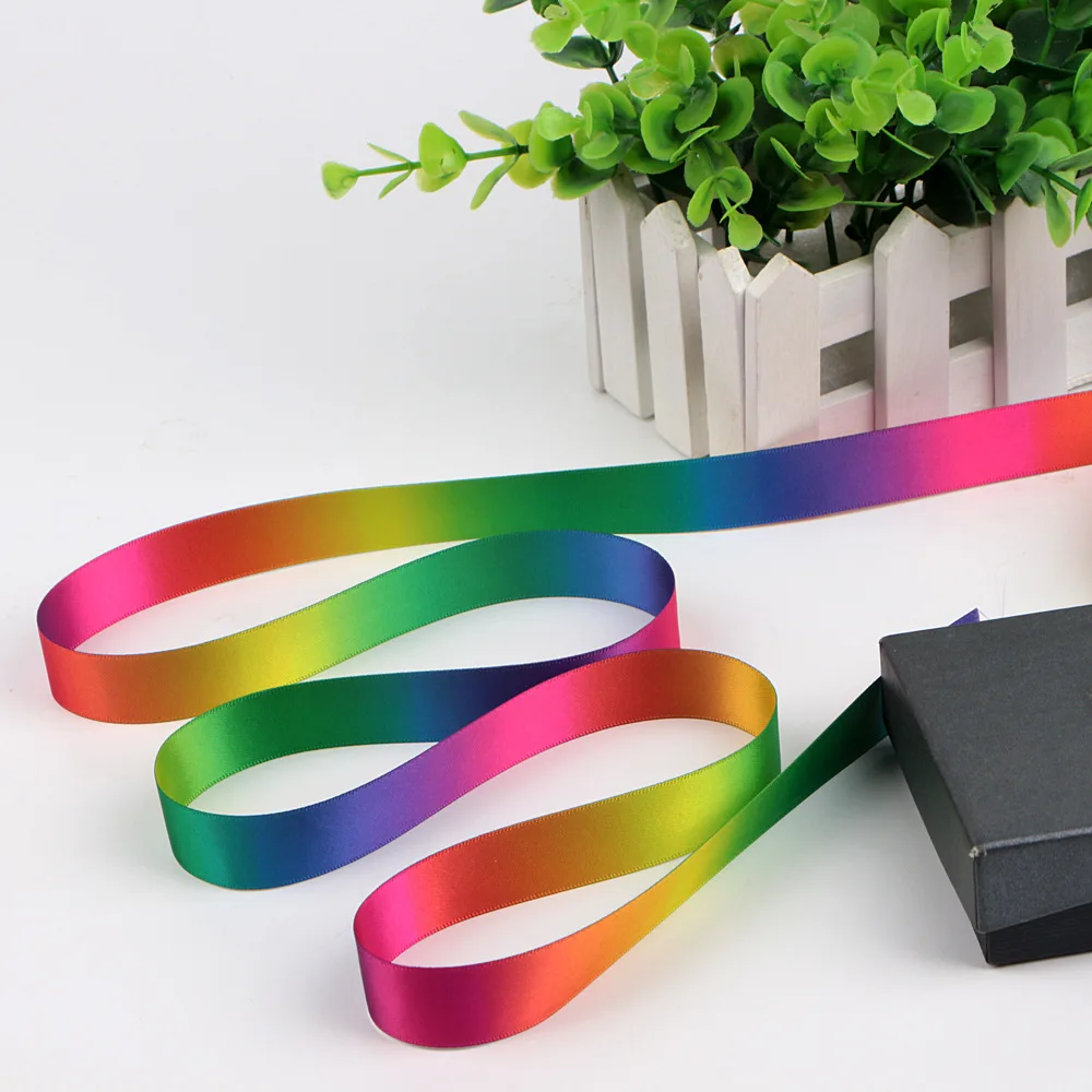 

single/double side heat transfer printed rainbow ribbon gradual changing color satin ribbon different width available 50yard lot