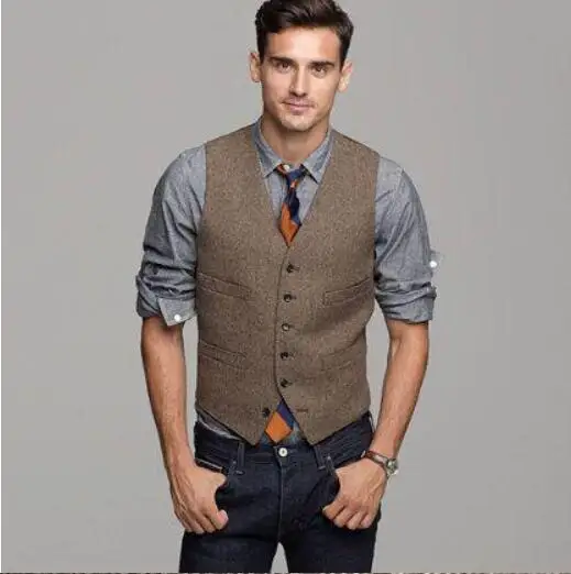 Коричневый шерстяной твидовый жилет в елочку, мужской костюм, жилетки, Приталенный жилет для жениха, винтажный свадебный жилет, уникальный мужской жилет, плюс S - Цвет: only one vest