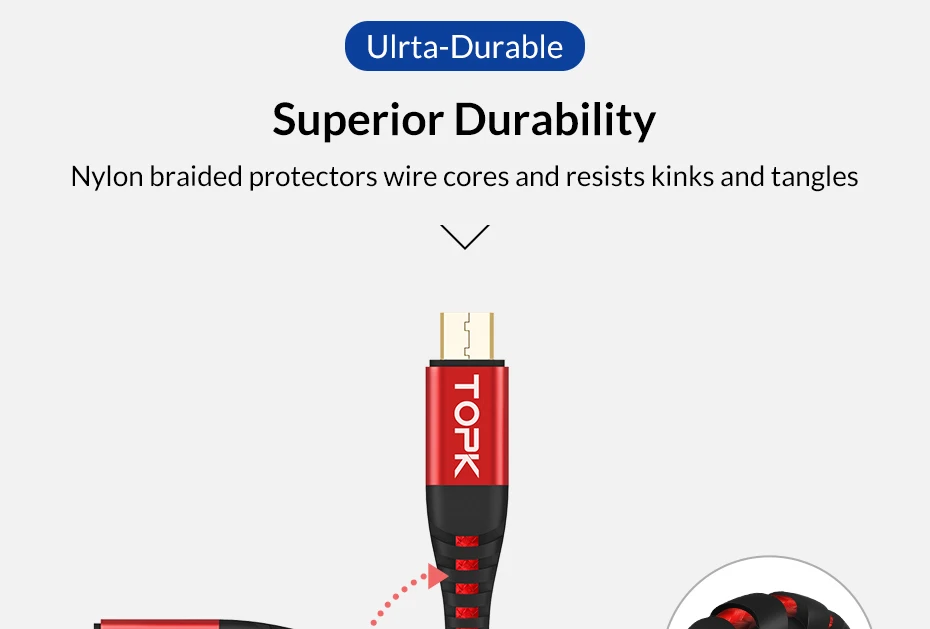 TOPK 1 м высокопрочный Micro USB кабель с нейлоновой оплеткой кабель для передачи данных для samsung Galaxy S7 edge S6 Xiaomi Redmi Note 5 кабели для мобильных телефонов