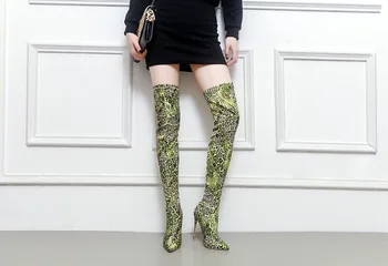 

ARQA green leopard female over-the-knee boots autumn and winter warm short plush high-heeled pointed elastic female long boot