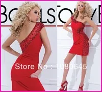 Hot&Sexy Red Crystal Stones One Shoulder Bodycon Short Mini Cocktail And Party Club Dresses A151