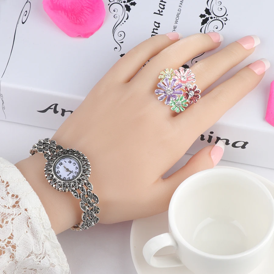 Kinel роскошный кристалл цветок эмаль кольца для женщин многослойный лепесток серебряный цвет винтажное свадебное кольцо ювелирные изделия подарок