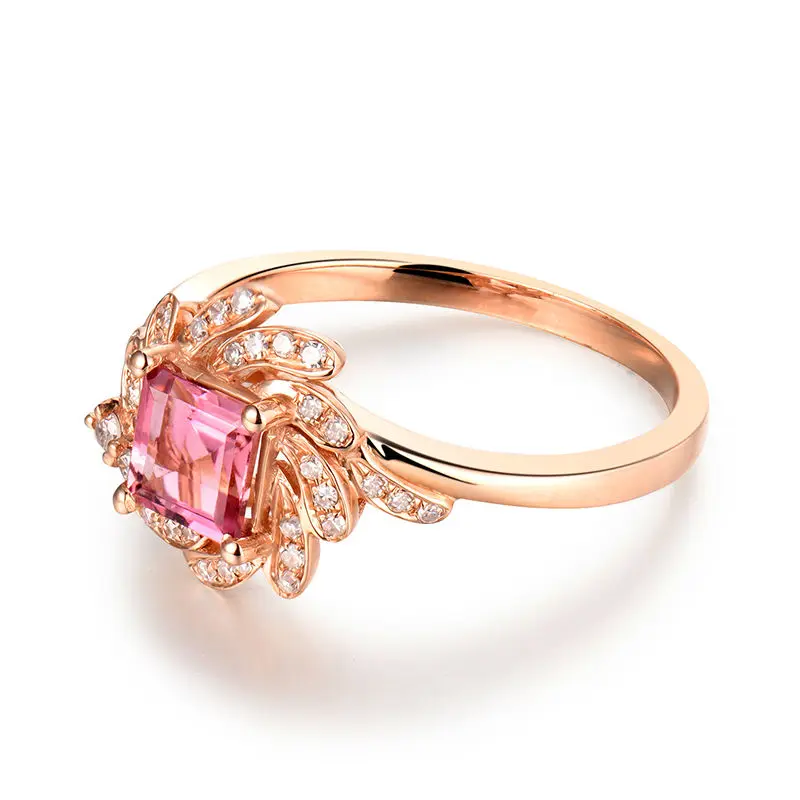 Trendy Princess Cut 5x5mm Pink Tourmaline Gemstone Ring Diamond In 18K Rose Gold For Party Fine Jewelry