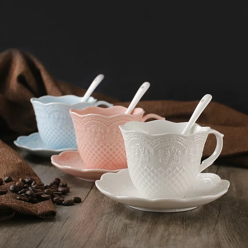 European ceramic coffee cup set high-grade embossed bone china coffee cup dish spoon simple English afternoon tea set lw0318737 European ceramic coffee cup set high-grade embossed bone china coffee cup dish spoon simple English afternoon tea set lw0318737