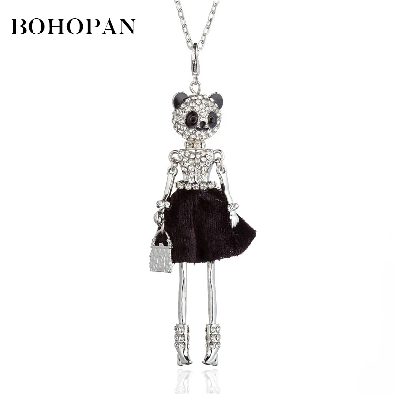 

Animal Figure Doll Necklace Women Shiny Crystal Black Skirt Silver Color Statement Necklace Girl Fashion Jewelry Party Bijoux
